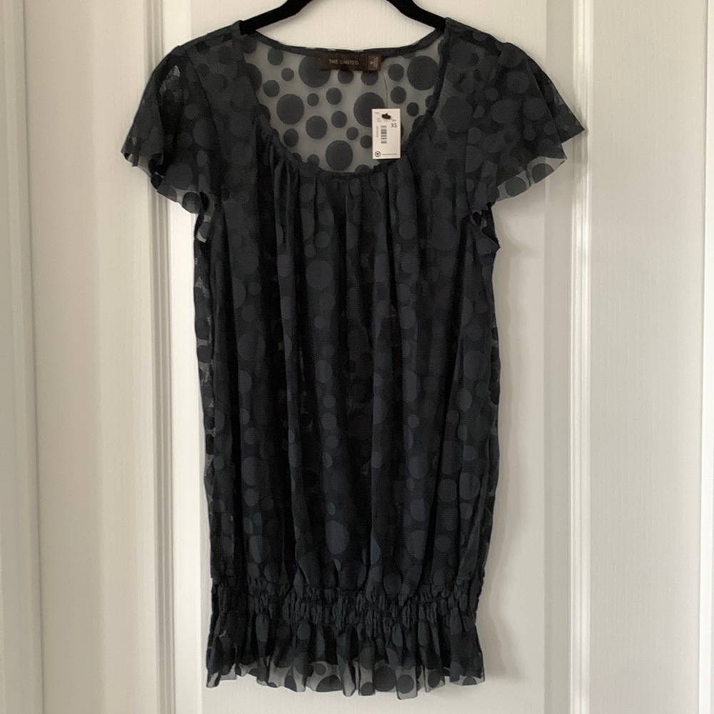 NWT THE LIMITED Flutter Sleeves Mesh Top Black Polka Dot Size XS